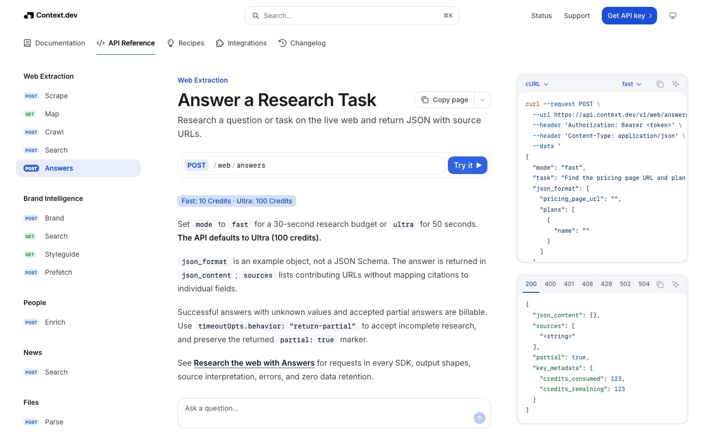 Answers by Context.dev screenshot