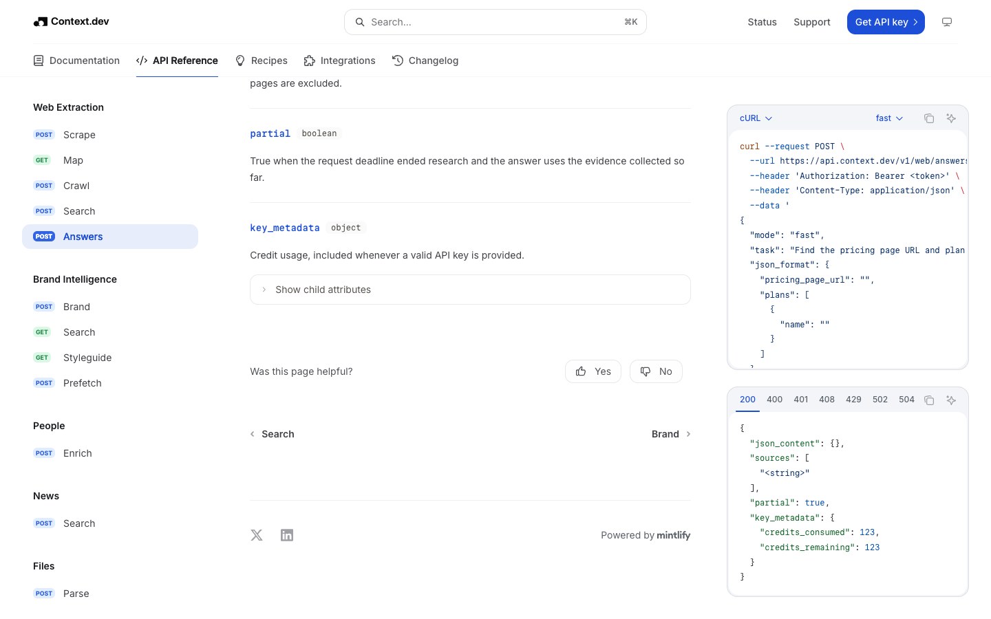Answers by Context.dev screenshot